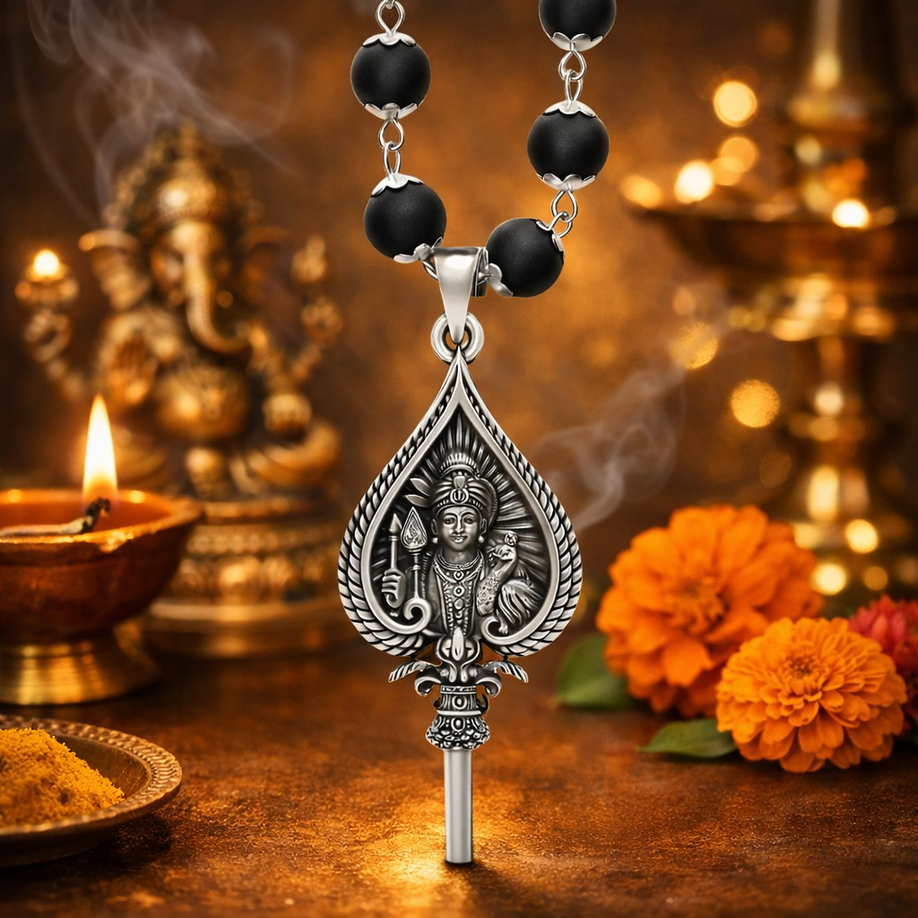 Murugan Vel Silver Pendant with Karungali Malai