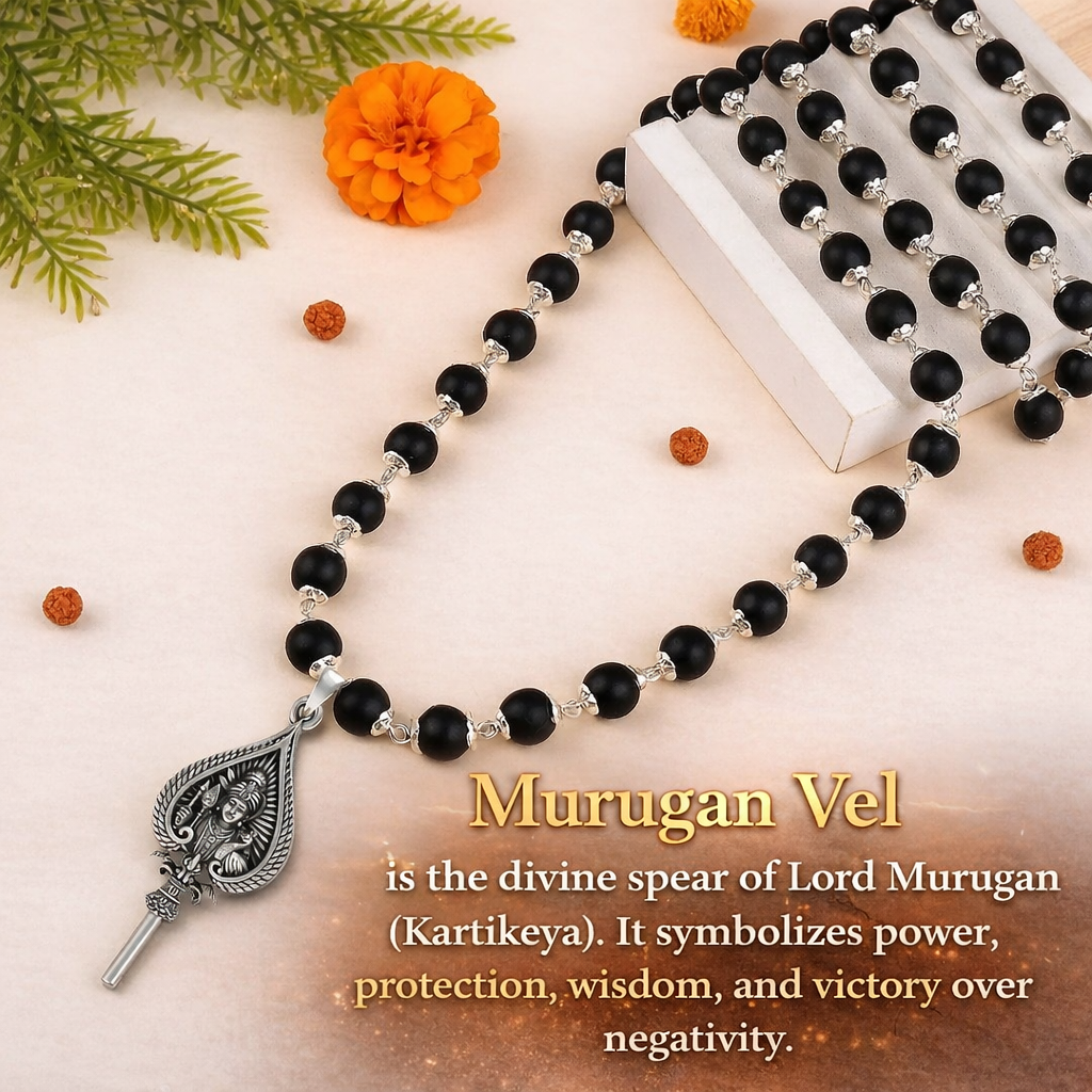 Murugan Vel Silver Pendant with Karungali Malai