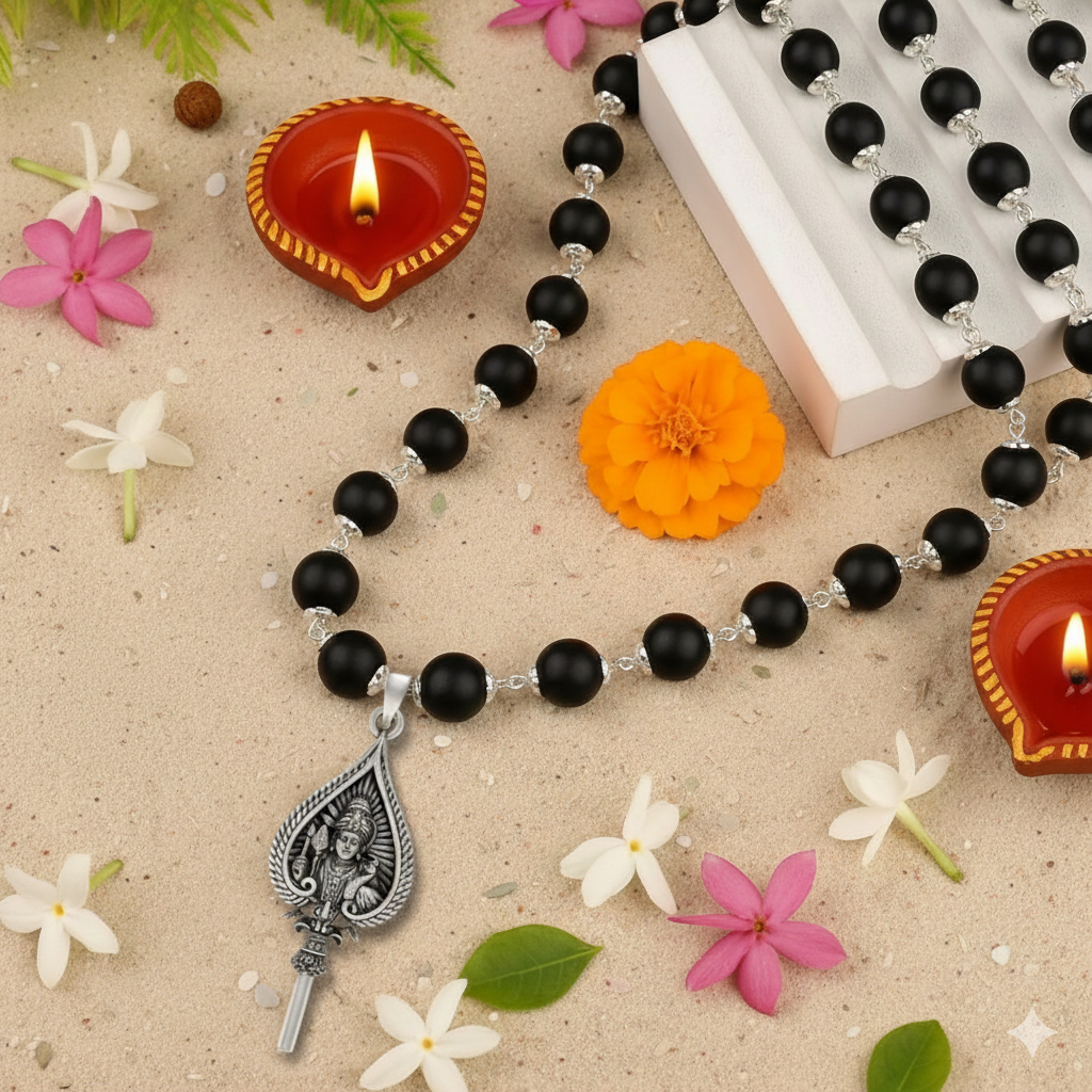 Murugan Vel Silver Pendant with Karungali Malai